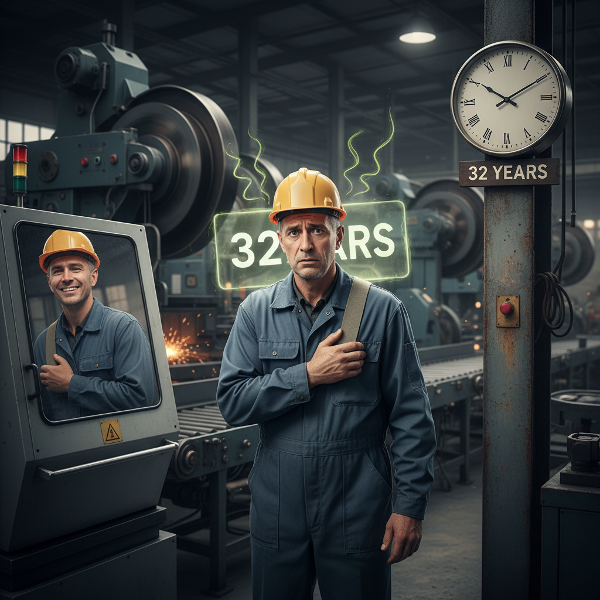 Mies teollisuustyövaatteissa tehdasympäristössä, jossa näkyy stressin ja psykosomaattisten oireiden visuaalisia vertauskuvia.