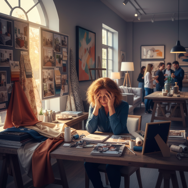 Stressaantunut yrittäjänaisen istuu työpöytänsä ääressä kauniissa sisustusliikkeessä, tuntee itsensä loukkuun jääneeksi unelmansa toteuttaneessa yrityksessään.