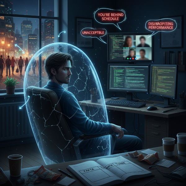 Ohjelmoija istuu yksin hämärässä huoneessa tietokoneen ääressä. Näytöillä on koodia ja kriittisiä kommentteja. Ikkunan takana vilkkaa kaupunkielämää, mutta hänen ympärillään on lasikuori. Pöydällä on avoin muistikirja.