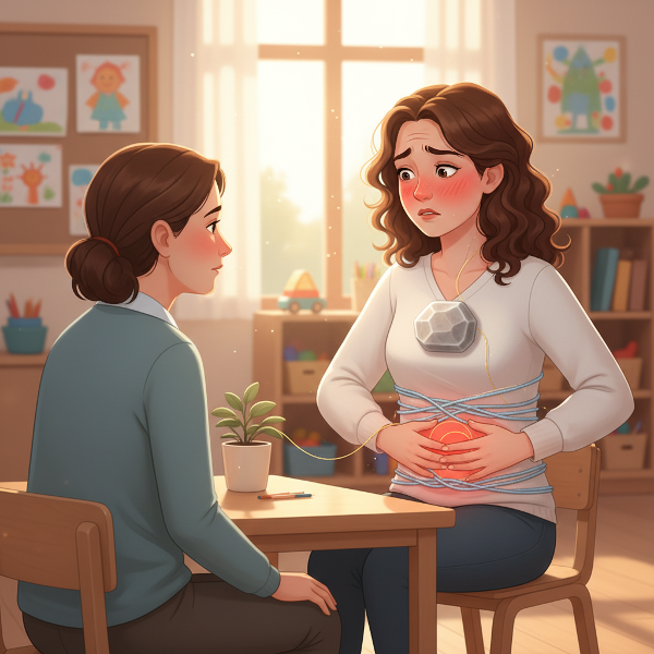 Kuva esittää lastentarhanopettajaa, joka kokee ahdistuksen fyysisiä oireita vanhempainkeskustelun aikana, havainnollistaen psykosomaattisten oireiden ja emotionaalisen kuormituksen yhteyttä.