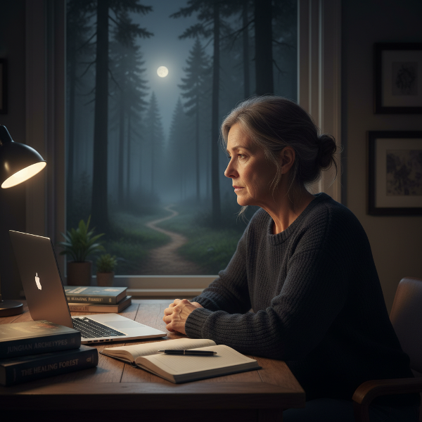 Yksinäinen etäpsykologi hiljaisessa kotitoimistossaan illalla, katselemassa ikkunasta pimeään. Työpöydällä on suljettu kannettava tietokone ja tyhjä muistikirja. Ikkunan ulkopuolella näkyy kuutamolla valaistu polku metsään, joka symboloi yhteyttä luontoon ja uutta suuntaa.