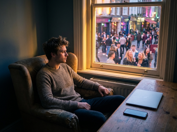 Nuori mies istuu yksin huoneessaan ja katselee ikkunasta ulos vilkkaaseen kaupunkiin, symboloiden yksinäisyyttä ja halua sosiaaliseen yhteyteen.