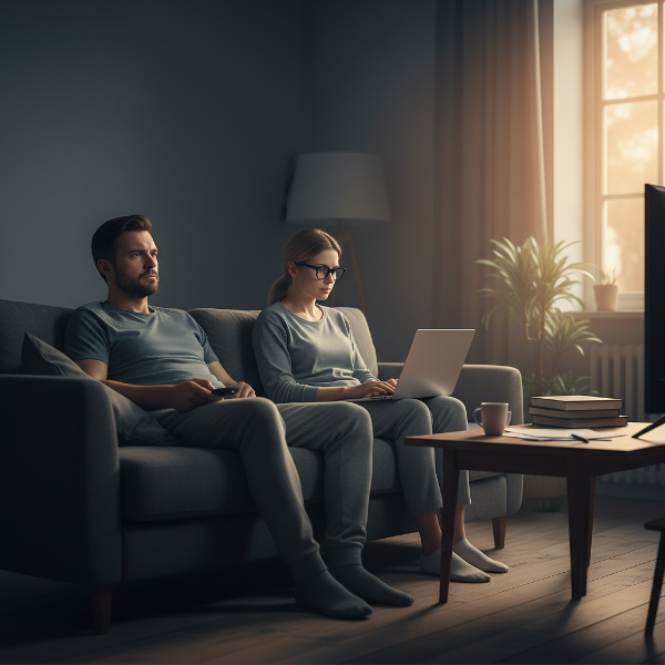 Pariskunta istuu sohvalla erillään, mies katsoo televisiota ja vaimo työskentelee kannettavalla tietokoneella, kuvassa on tunnelma etäisyydestä ja hiljaista yksinäisyyttä.