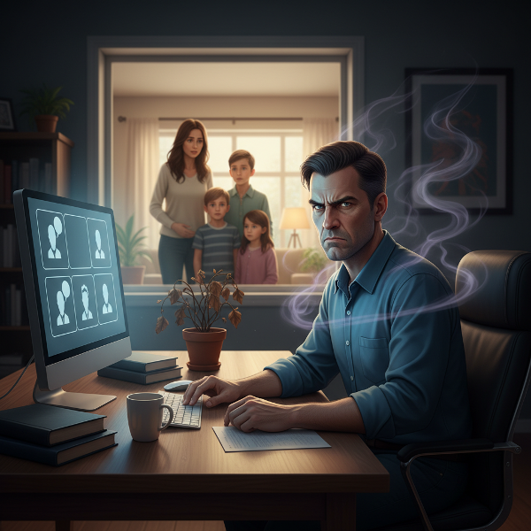 Keski-ikäinen miespsykologi kotitoimistossaan, jossa syvä kyynisyys ja viha eristävät hänet työstään ja perheestään, kuvaamassa emotionaalista palamista ja eksistentiaalista kriisiä.