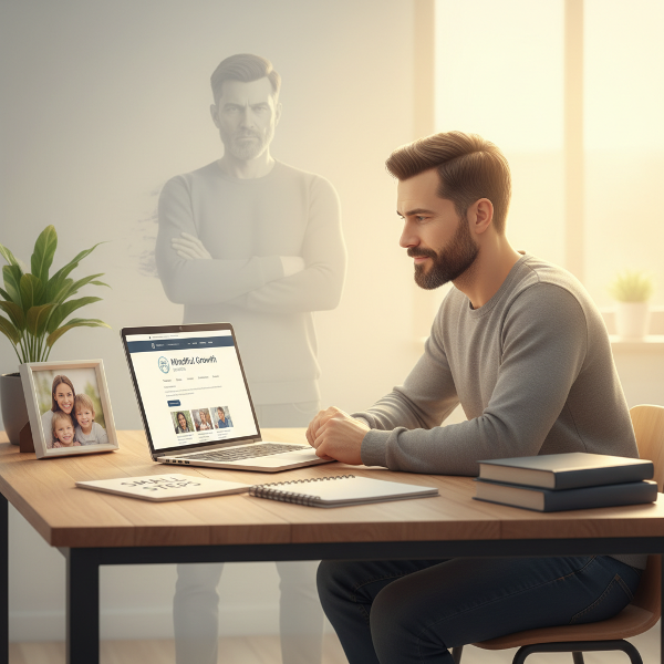 Mies kotitoimistossa harkitsee itsetuntonsa rakentamista pienten askelien avulla, taustalla lapsuuden odotusten haamu.