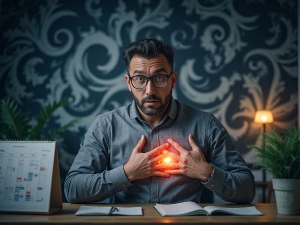 Kuva esittää 40-vuotiasta miestä työpaikalla kokemassa ahdistuksen fyysisiä oireita, kuten sydämentykytystä, samalla kun pelottavat ajatukset pyörivät ympärillä. Kuvassa on kontrastina pieni rauhoittava elementti, joka edustaa hallintakeinoja.