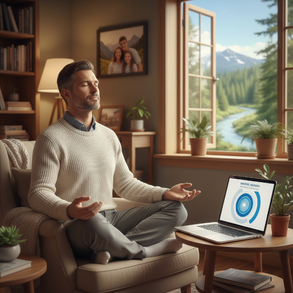 Mies harjoittelee hengitystekniikoita kotitoimistossaan psykologisella verkkosivulla avoinna, taustalla perhekuva, tunnelma on rauhallinen ja toiveikas.