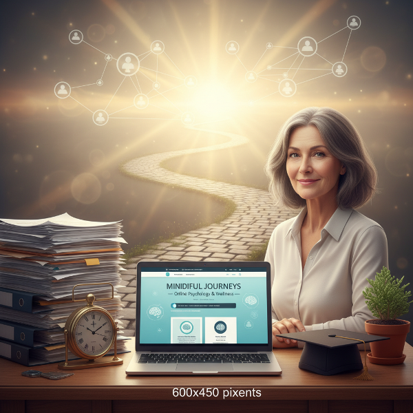 Rauhallinen, 58-vuotias nainen työskentelee kotitoimistossaan, symboloiden pitkää uraa ja uusien mahdollisuuksien kartoittamista turvallisin askelin.