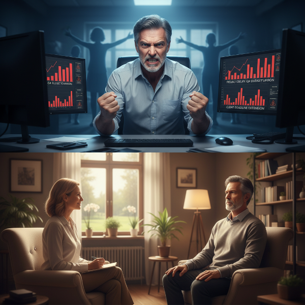 Kuva, jossa keski-ikäinen mies istuu työpöytänsä ääressä puristaen nyrkkejään, tietokonenäytöt näyttävät projektiviivästyksiä. Perheenjäsenet esiintyvät taustalla stressaavina hahmoina. Kuva siirtyy rauhallisempaan kohtaukseen, jossa sama mies on psykologin vastaanotolla, symboloiden matkaa hallitsemattomasta vihasta ammattiavun hakemiseen.