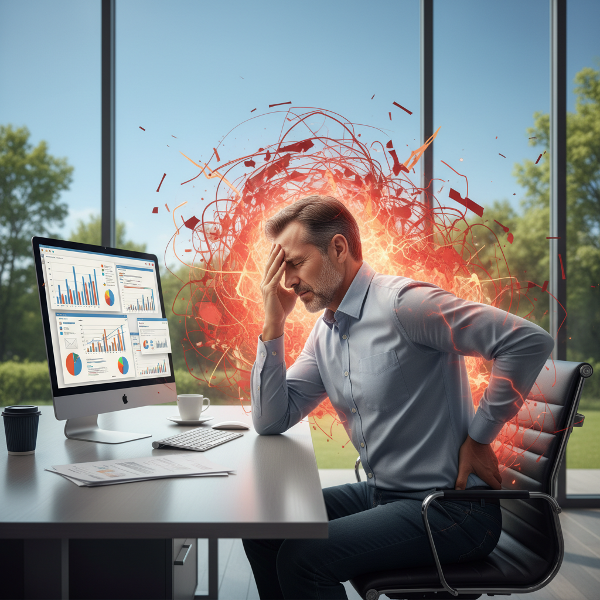 Keskikäinen mies johtaja toimistossa, jolla on päänsärkyä ja selkäkipua stressistä. Hänen ympärillään on kaaosta kuvaava punertava aura, mutta ikkunasta näkyy rauhallinen luonto, joka symboloi tasapainon tarvetta.