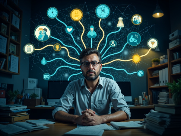 Mies työpöytänsä ääressä, ahdistuksen verkko ympäröimässä, kun taas toisella puolella on rauhoittavia tekniikoita ja valoa.