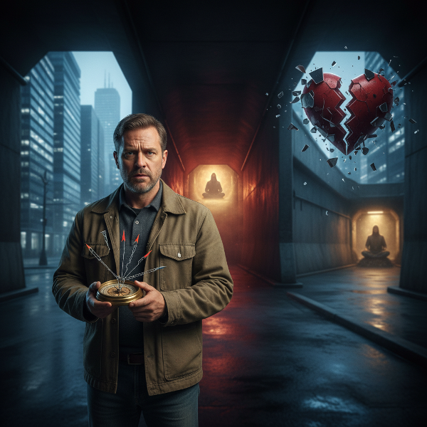 Mies keski-iässä elämän risteyksessä, ympärillään tyytymättömyyttä, petosta ja ahdistusta edustavia symboleja, etsien tietä eteenpäin.