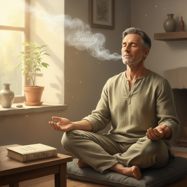 Kuvassa mies harjoittaa mindfulnessia rauhallisessa tilassa, kun ahdistuksen hajuja haihtuu ja itsehyväksyntä kasvaa.