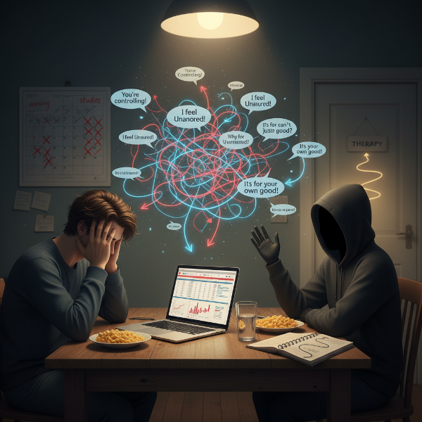 Nuori mies stressaantuneena talouslaskelmien ja lohdutusruoan äärellä, kun vastapuolen hahmo viestii torjuvasti. Kuvassa kuvataan taloushuolia, toistuvia riitakierteitä ja pyrkimystä muutokseen.