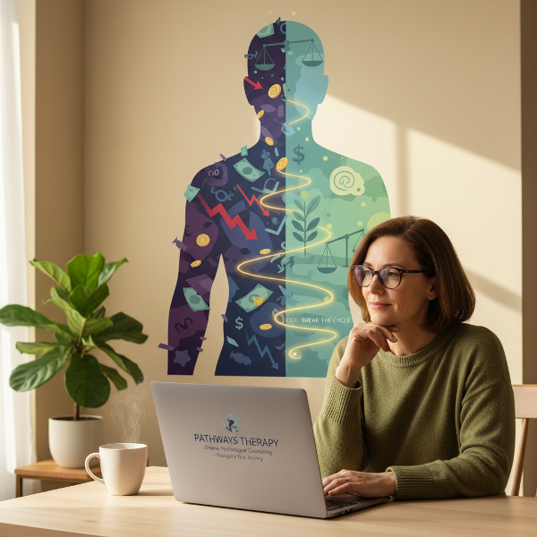 Psykologi neuvoo verkkosivustollaan. Kuvassa on konseptuaalinen esitys, jossa talousstressi ja trauma muuttuvat terveiksi selviytymistavoiksi terapian kautta.