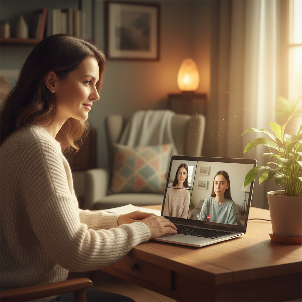 Psykologi Selkeä pitää turvallista online-neuvontakeskustelua nuoren naisen kanssa, joka etsii apua väsymykseen ja motivaation puutteeseen. Kuvassa on rauhallinen ja myötätuntoinen tunnelma.