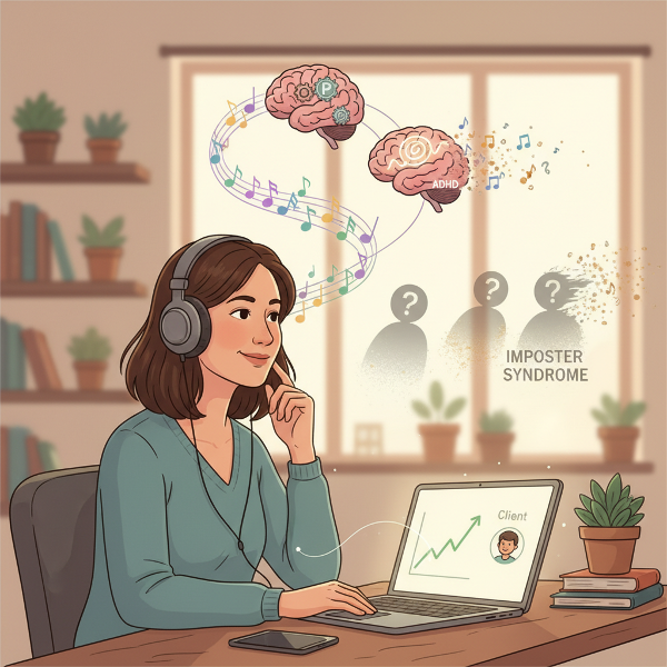 Nainen kotona työskentelee psykologisessa neuvonnassa, musiikin nuotit ja ADHD-aiheiset kuvat symboloivat hänen työkalujaan, kun hän rakentaa yhteyksiä ja hallitsee huijarisyndroomaa.