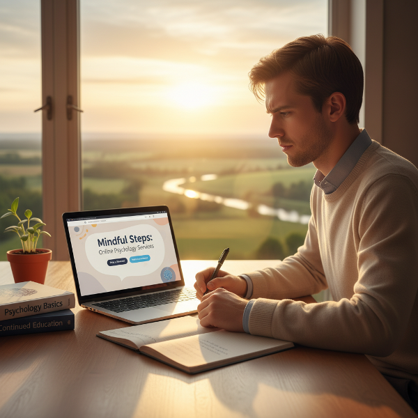 Nuori mies työpöydällään mietteliäänä verkkopsykologiapalvelun lanseeraamista, epävarmuuden ja kasvun symboliikka ympärillään.