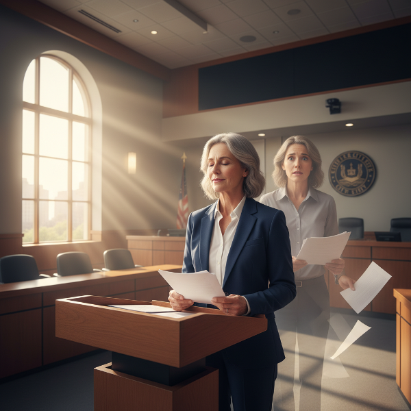 Nainen voittaa julkisen esiintymisen ahdistuksen puhujapöntöllä, kun ahdistunut haamuversio hänestä häviää taustalle.