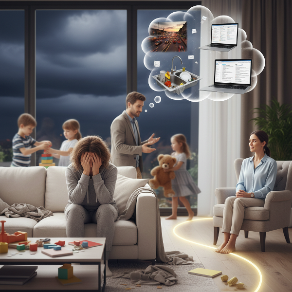 Kuva esittää ylikuormittunutta naista, jonka viha ja ärtyneisyys hallitsevat arkea. Tilanne havainnollistuu pyörivien ajatusten, perheen haasteiden ja huonon unen kautta, mutta myös toivoa antaa polku kohti rauhoittuneempaa itseä ja ammatillista apua.