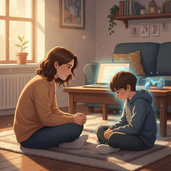 Kuva vanhemmasta ja lapsesta, jotka istuvat rauhallisesti olohuoneessa. Kuvassa on viitteitä etätyöstä ja pelaamisesta, mutta tunnelma on lämmin ja tukevä, korostaen läsnäoloa ja toivoa.