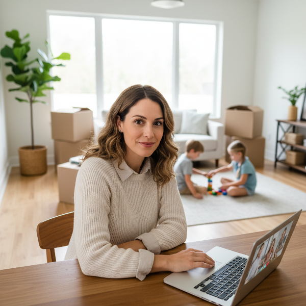 Psykologi Laura työskentelee rauhallisesti kotona tietokoneellaan, lastensa leikkiessä taustalla muuttolaatikoita täynnä olevassa uudessa kodissa. Kuva välittää tasapainon, tuen ja muutoksen tunnelmaa.