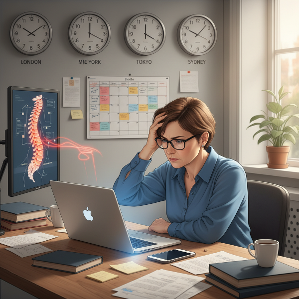 Kuva esittää etätöitä tekevää naista, joka kokee psykosomaattisia oireita digitaalisen kuormituksen ja moniaikavyöhyketiimin johtamisen seurauksena.