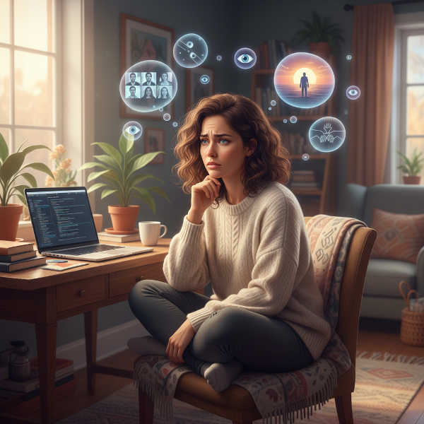 Nainen etätyössä kotiympäristössä, kokee yksinäisyyttä ja sosiaalista ahdistusta virtuaalitapaamisissa ja arkielämässä.