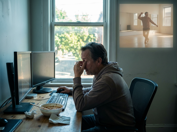 Mies työskentelee etänä kotona, syö työpöydällä ja näyttää väsyneeltä. Taustalla hahmo tanssii, symboloiden tanssiterapian mahdollisuutta.