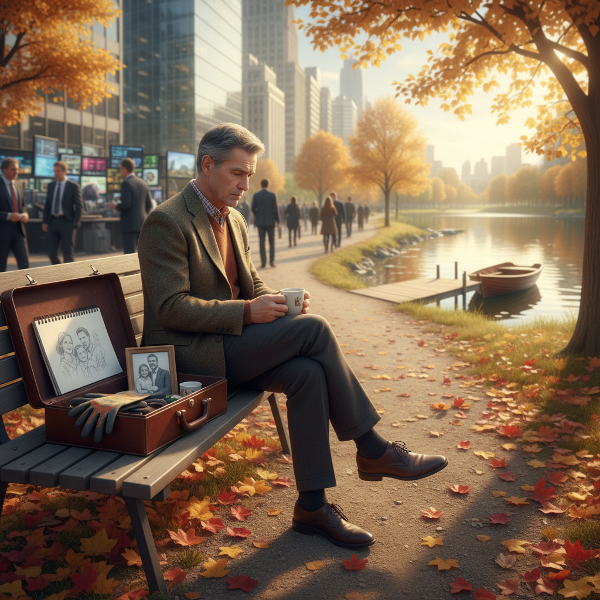 Eläkeläismies istuu puistonpenkillä syksyisessä maisemassa ja pohtii elämänvaihtoa työelämän ja rauhallisen eläkepäivien välillä.