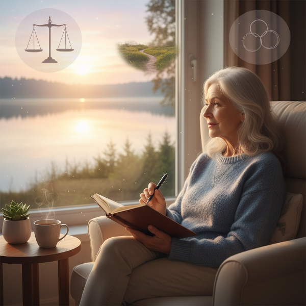 Rauhallinen 64-vuotias nainen istuu nojatuolissa kirjoittamassa päiväkirjaa aamun valossa, ympärillä symboleja tasapainosta, mielenrauhasta ja tuesta.