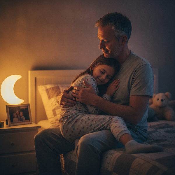 Yksinhuoltajaisä lohduttaa tytärtään yövalon loisteessa, luoden turvallista ilmapiiriä nukahtamispelkojen keskellä.