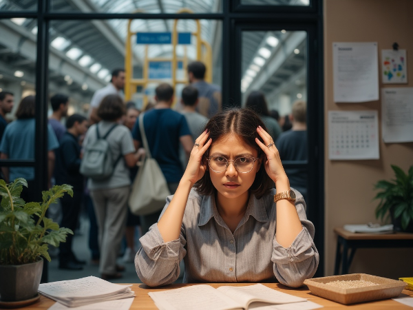 Kuva stressaantuneesta naisesta työpöydän ääressä, jossa on työ- ja vapaaehtoistoiminnan materiaaleja. Taustalla ahdas bussi symboloi klaustrofobiaa. Kuvan reunalla rauhoittavia elementtejä kuten hiekkaterapia-astia ja kalenteri, jossa on merkittynä palautumisaika.