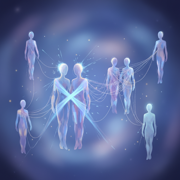 Abstrakti kuva erilaisista ihmissuhteiden sidostumistyyleistä, jossa hahmojen välillä on vahvoja, heikkoja tai ei ollenkaan yhteyksiä.