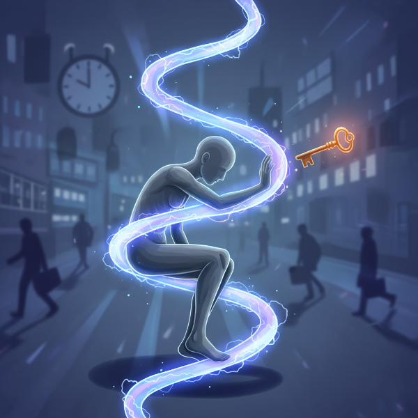 Kuva symboloi ihmistä jumissa automaattisen käyttäytymisen 'silmukassa', yrittämässä tarttua avaimeen muutokseen.