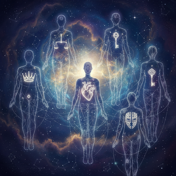 Kuva, joka havainnollistaa Carl Jungin arkkityyppejä abstrakteina, valoa hehkuvina ihmishahmoina, joiden sisällä on erilaisia symboleita. Hahmot ovat yhteydessä toisiinsa hohtavien säikeiden kautta syvällä, tähtitaivaan kaltaisella taustalla, kuvaamaan psyyken universaaleja kuvioita ja niiden yhteyksiä.