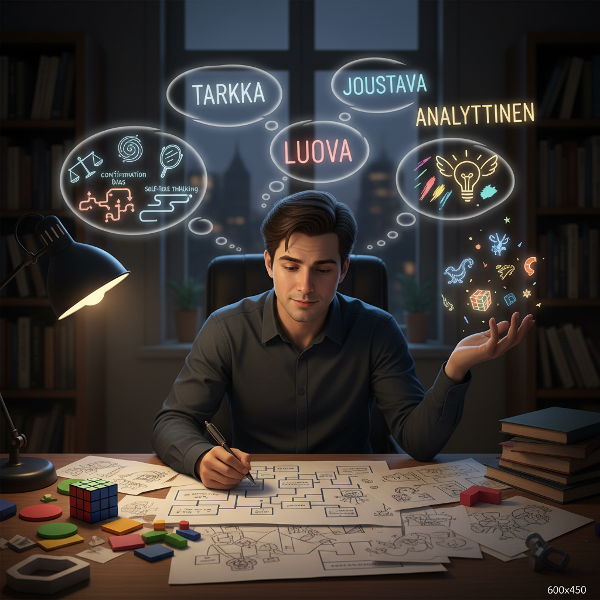 Henkilö työskentelee monimutkaisten ajatusprosessien parissa, yhdistäen huolellista analyysiä, luovaa ideointia ja käytännön ongelmanratkaisua abstraktien ajatuskuplien ympäröimänä.