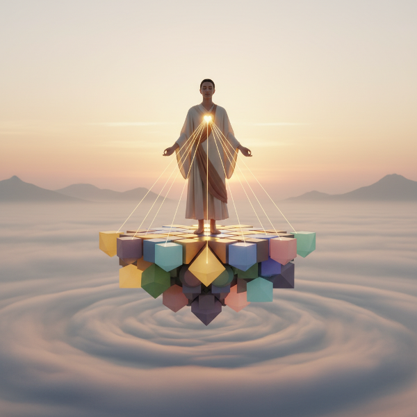 Kuvassa henkilö seisoo vakaalla, erivärisistä geometrisista muodoista koostuvalla alustalla, joka edustaa perusarvoja. Ympäristö on rauhallinen ja tunnelma sisäänpäin kääntyvä.