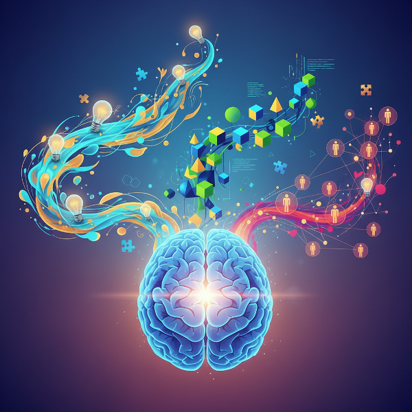 Kuvitus luovan ajattelun eri tyyleistä, kuten intuitiivisesta, analyyttisestä ja yhteisöllisestä, aivojen moninaisia ajatuspolkuja ja ideoita havainnollistavana.