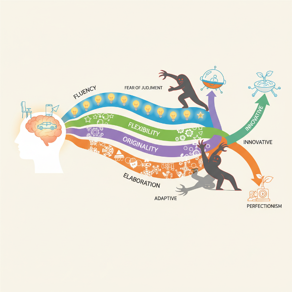 Kuvitus luovuuden testistä, jossa aivosta virtaavat neljä luovan ajattelun osa-aluetta ja niiden jakautuminen innovatiiviseen ja mukautuvaan tyyliin, sisäisiä esteitä kuvastamassa.