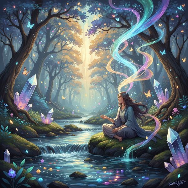 Kuva, jossa luovuus ja luonto sulautuvat yhteen henkilön miettiessä metsäpurolla. Hänen ajatuksistaan nousee värejä ja muotoja, jotka sekoittuvat luonnon elementteihin.