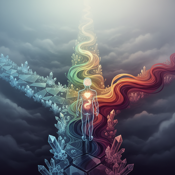 Kuva symboloi päätöksentekoa kolmen tien risteyksessä: looginen kristallipolku, intuitiivinen valopolku ja tunnepohjainen väripolku.