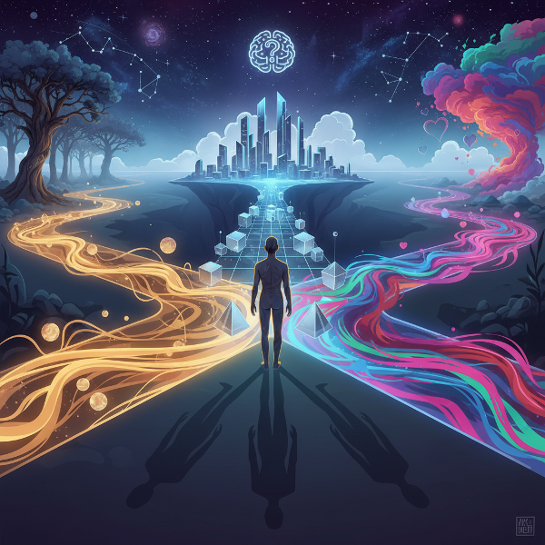 Kuva, jossa henkilö seisoo risteyksessä, ja kolme erilaista polkua symboloivat intuitiota, järkeä ja tunneperäisyyttä päätöksenteossa.