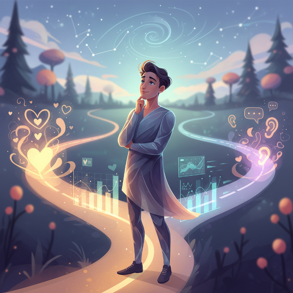 Kuva henkilöstä risteyksessä, jossa kolme eri polkua symboloivat sisäistä tuntemusta, analyyttistä ajattelua ja ulkoisia neuvoja.