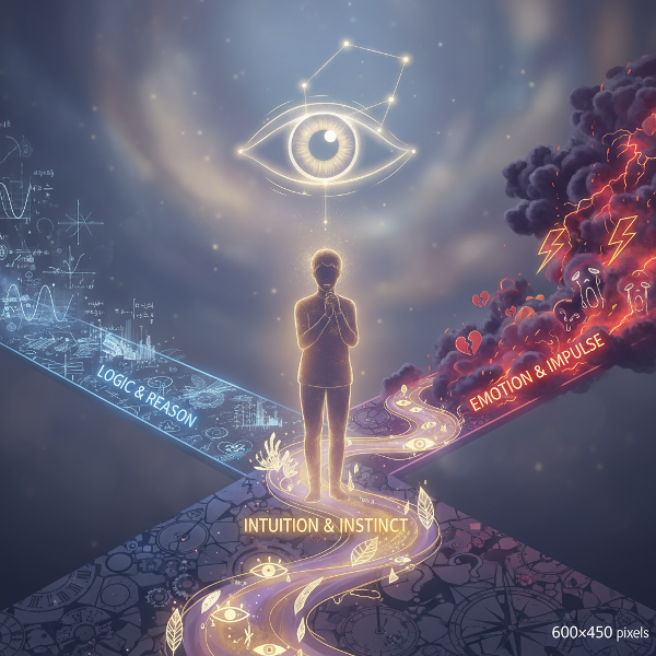 Kuva symbolisoi päätöksentekoprosessia, jossa henkilö valitsee analyyttisen, intuitiivisen tai impulsiivisen tien risteyksessä.