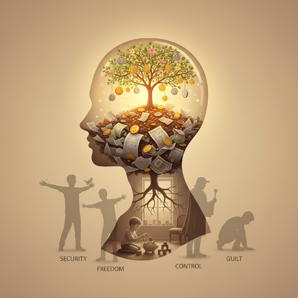 Kuvitus, jossa raha esitetään psykologisena symbolina, joka juontaa juurensa varhaisiin kokemuksiin ja ohjaa taloudellisia valintoja.