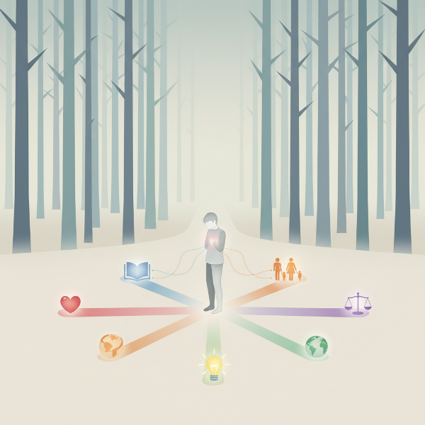 Minimalistinen kuva henkilöstä polunhaarassa, jossa eri tiet edustavat elämän eri arvoja ja mahdollisuuksia.