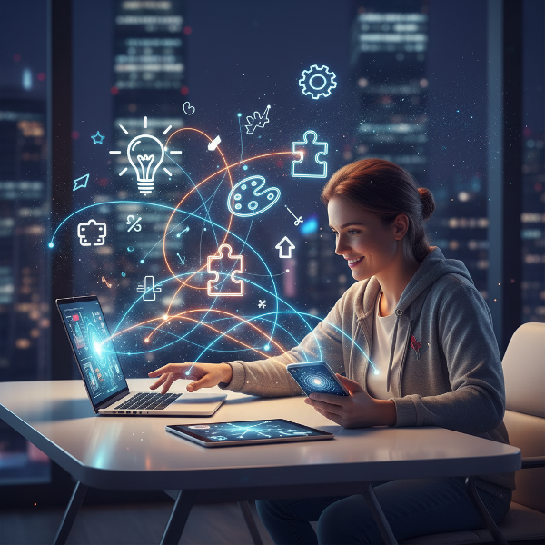 Henkilö työpöydällä yhdistämässä digitaalisia työkaluja luovuuden ja ongelmanratkaisun symbolien kanssa.