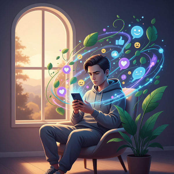 Kuva, jossa henkilö pohtii digitaalista elämäänsä puhelinta katsellen. Ympärillä leijuvat digitaaliset symbolit ja luonnon yksityiskohdat kuvaavat teknologian ja hyvinvoinnin tasapainon etsimistä.