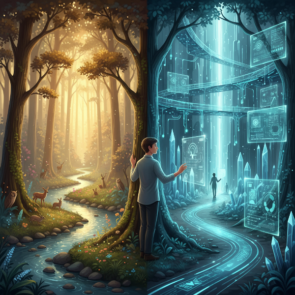 Kuva henkilöstä, joka seisoo risteyksessä luonnon ja digitaalisen maailman välillä, havainnollistaen teknologian ja luonnon tasapainon etsimistä.